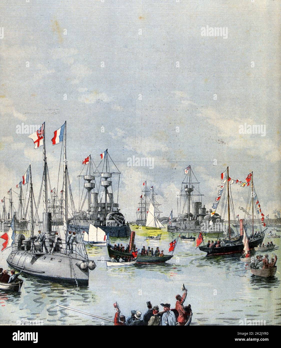 The French fleet visiting Portsmouth, England. Left foreground, Torpedo boat; Left centre, ironclad 'Requin'; Left centre, Ironclad 'Furieux'. From 'Le Petit Journal', Paris, 29 August 1891. France, Navy, Ship Stock Photo