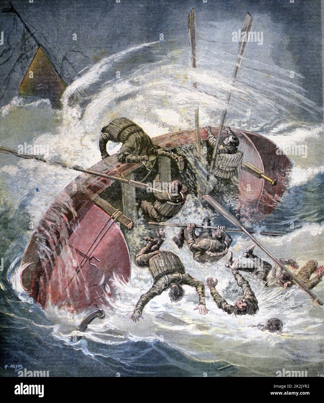 Storms of Autumn: Lifeboat capsizing in a heavy sea.  Men are wearing cork lifebelts.  From 'Le Petit Journal', Paris, 28 November 1891. Stock Photo