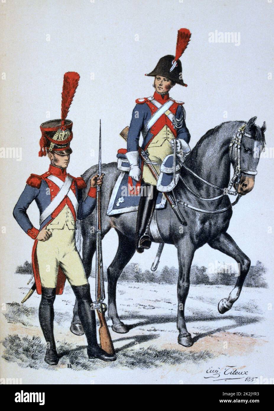 Gendarme 2nd class, mounted, and Gendarme cadet.  'Histoire des corps de troupes de la ville de Paris' , 1887.  France, Order, National Guard,  Uniform, Chromolithograph Stock Photo