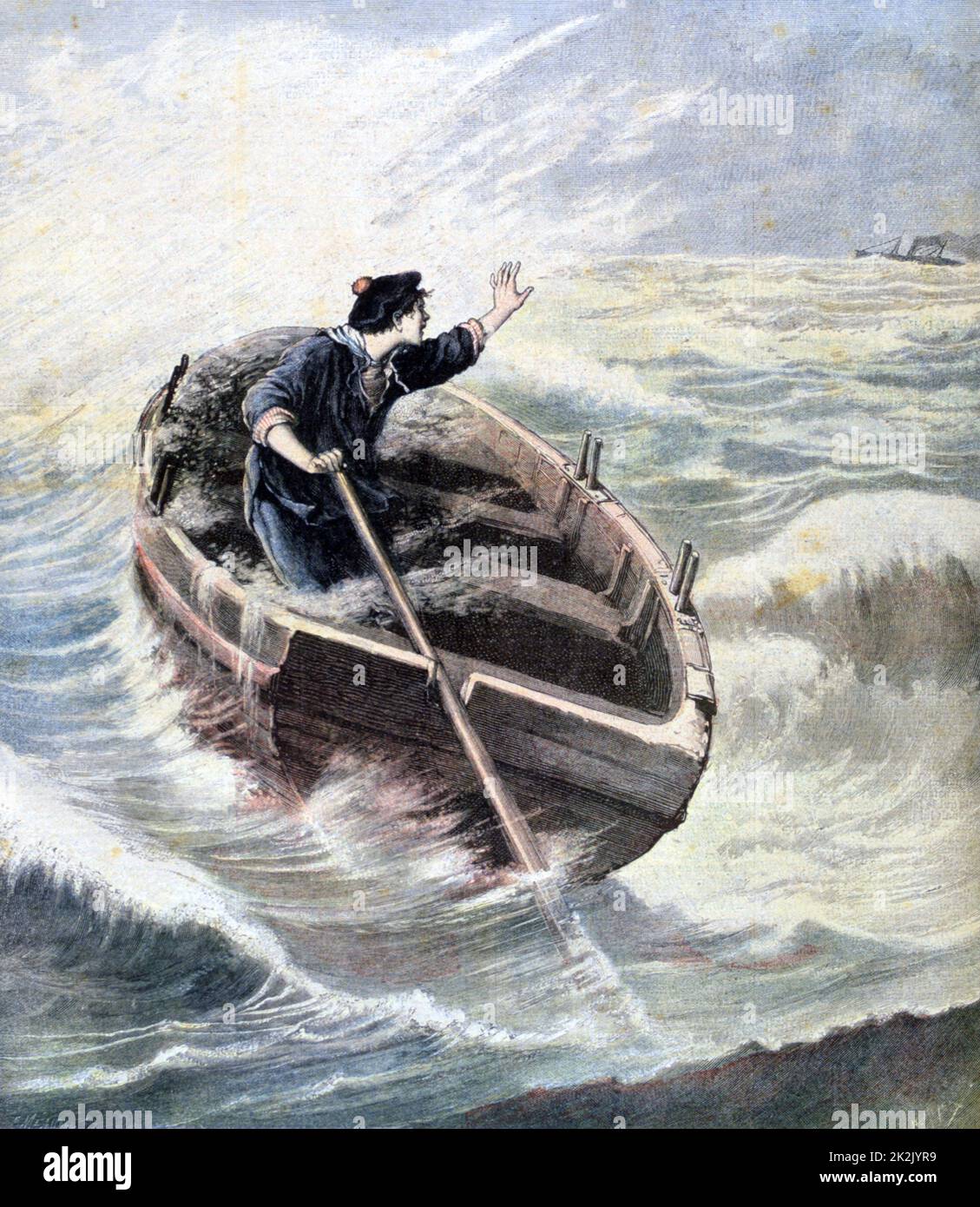 Lost at Sea: 14-year old Manuel Thomas, his father drowned, adrift in small rowing boat.  Saved about 20 miles off Alicante, Spain, by merchanti ship 'Euryanthe'. From 'Le Petit Journal', Paris, 3 January 1891. Stock Photo