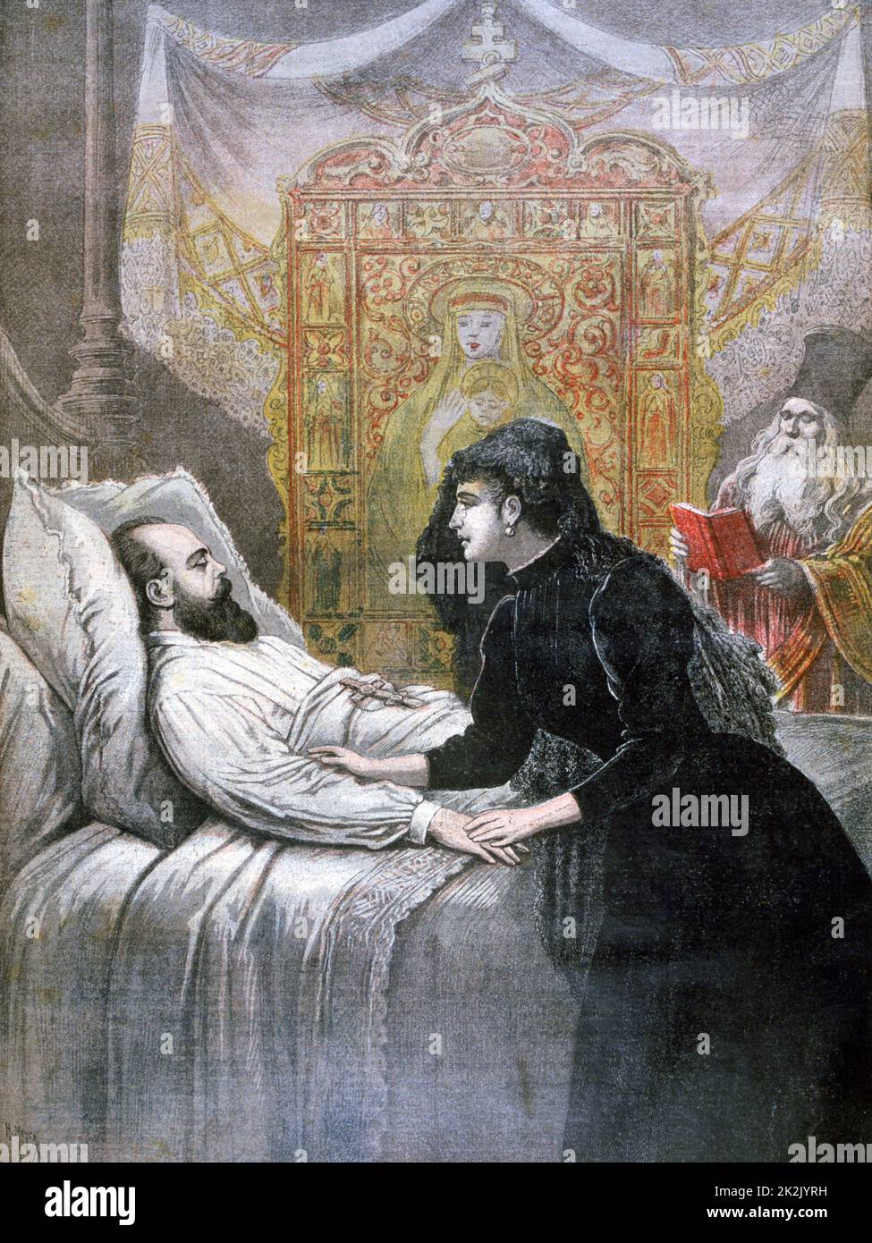 Deathbed of Tsar Alexander III of Russia (1844-1894), his consort Maria Feodorovna (Princess Dagmar of Denmark) at his side.  From 'Le Petit Journal', 11 November 1894. Stock Photo