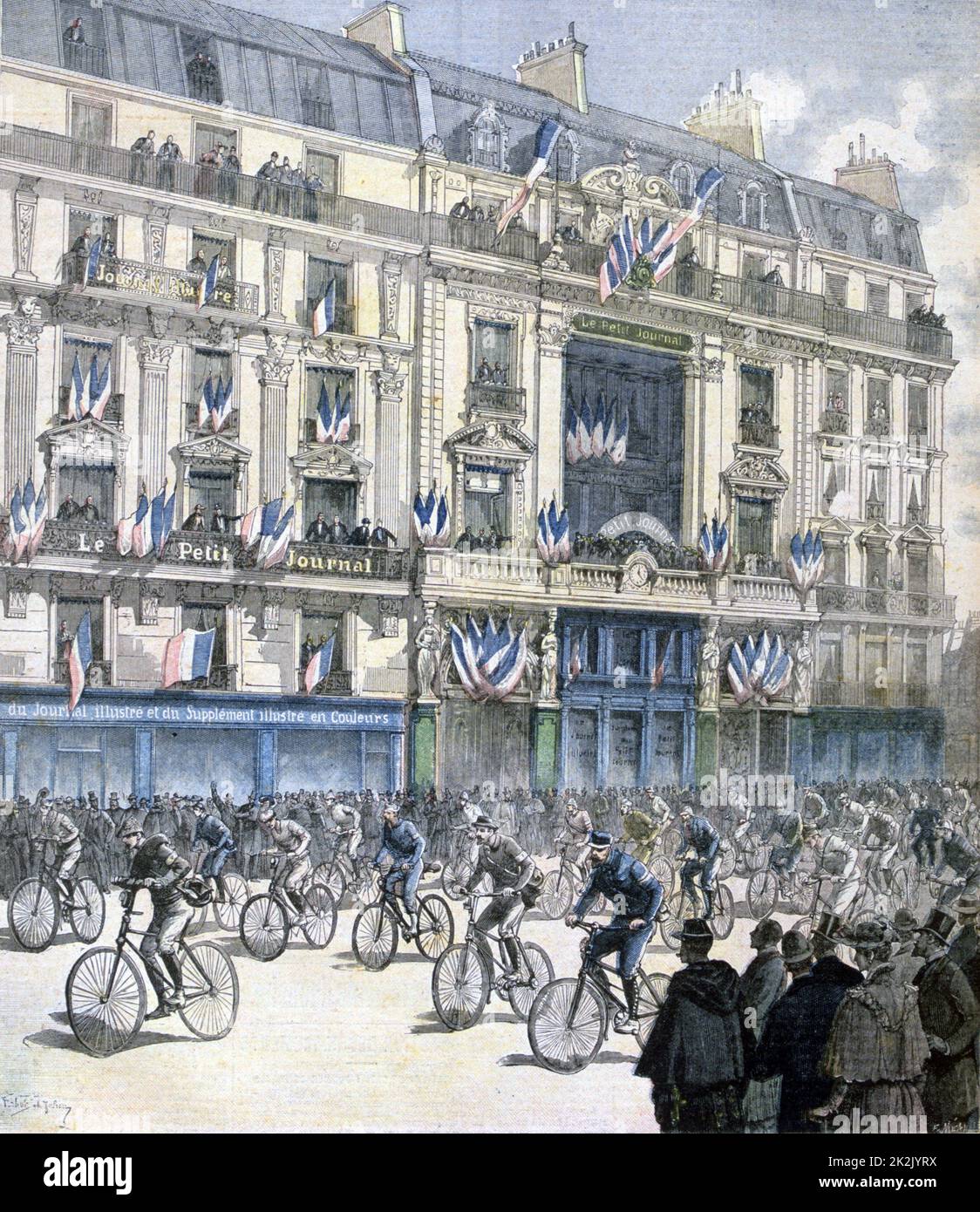 Start of the Paris-Brest-Paris bicycle race from Rue Lafayette on the morning of 6 September.  The 1,185 km (635 miles) had to be completed on a single machine. From 'Le Petit Journal', Paris, 12 September 1891. Stock Photo