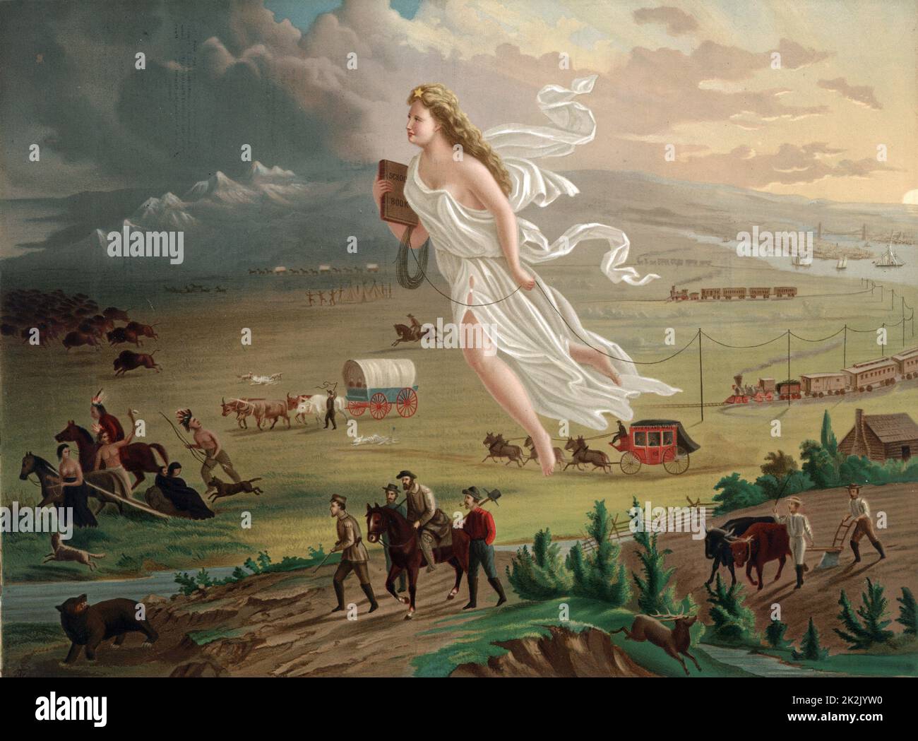 American progress. 'Manifest Destiny'. Allegorical female figure of America leading pioneers and railroads westward. c.1850 Stock Photo