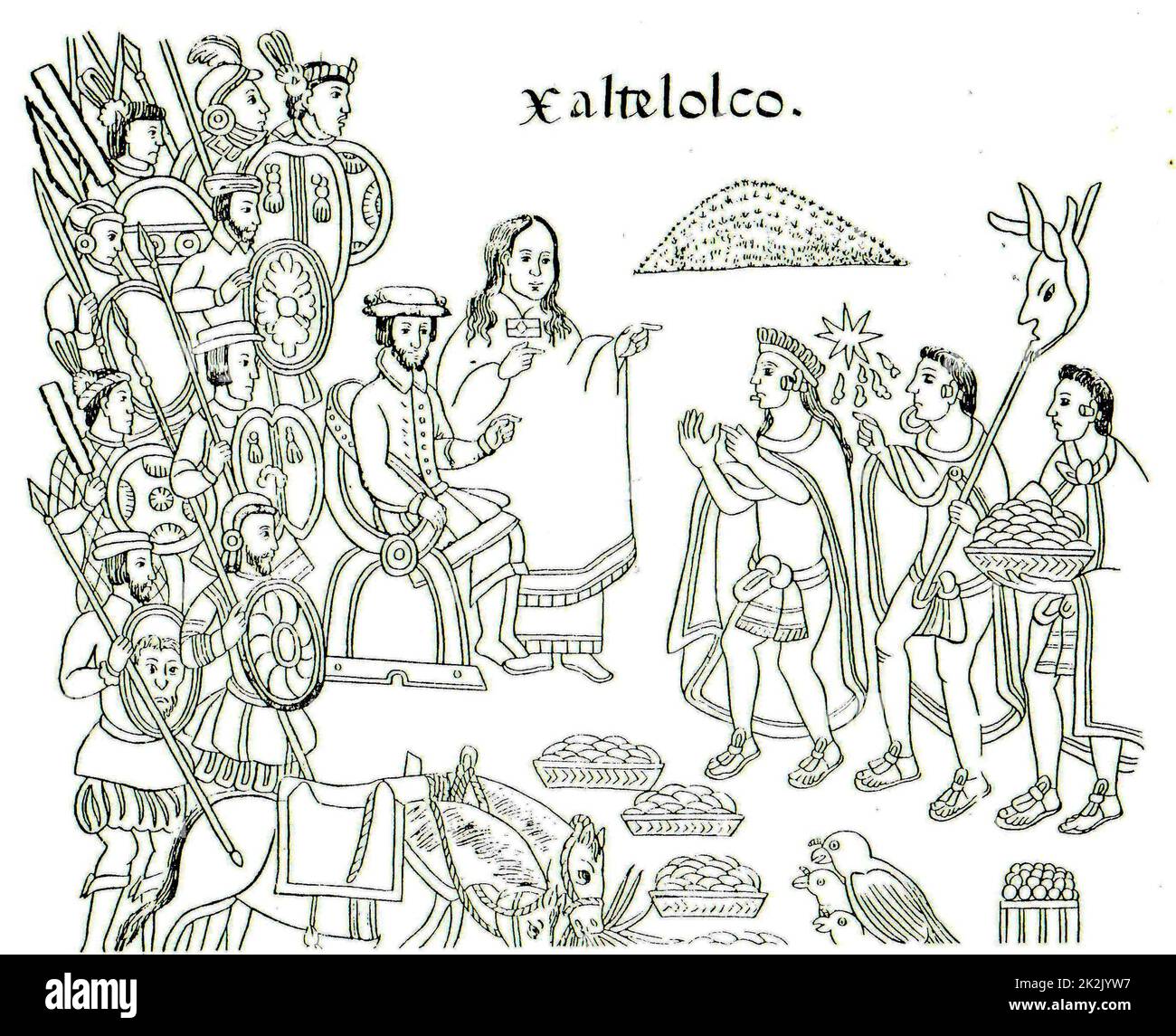 Drawing from Diego Munoz Camargo's History of Tlaxcala (Lienzo Tlaxcala), c. 1585, showing La Malinche and Hernán Cortés. Stock Photo