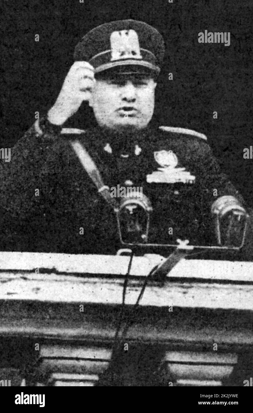 Benito Mussolini (1883-1945) Italian Fascist dictator, on the evening of 10 June 1940 addressing the crowd in the Palazzo Venezia, informing them that Italy had declared war on France and Britain. Stock Photo