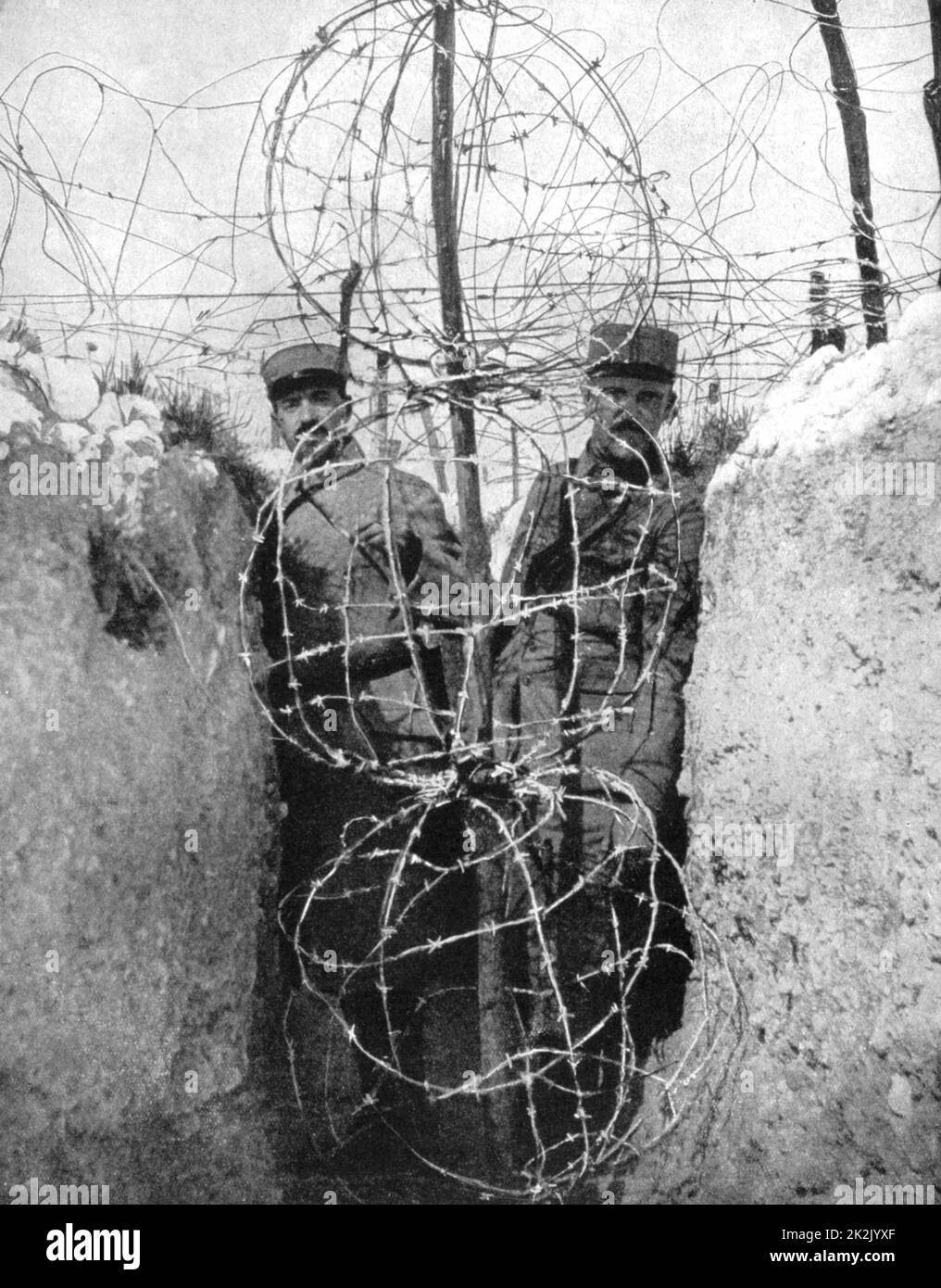World War I 1914-1918:  Barbed wire entaglements protecting French soldiers in their trenches.  From  'Le Pays de France', 2 September 1915. Stock Photo