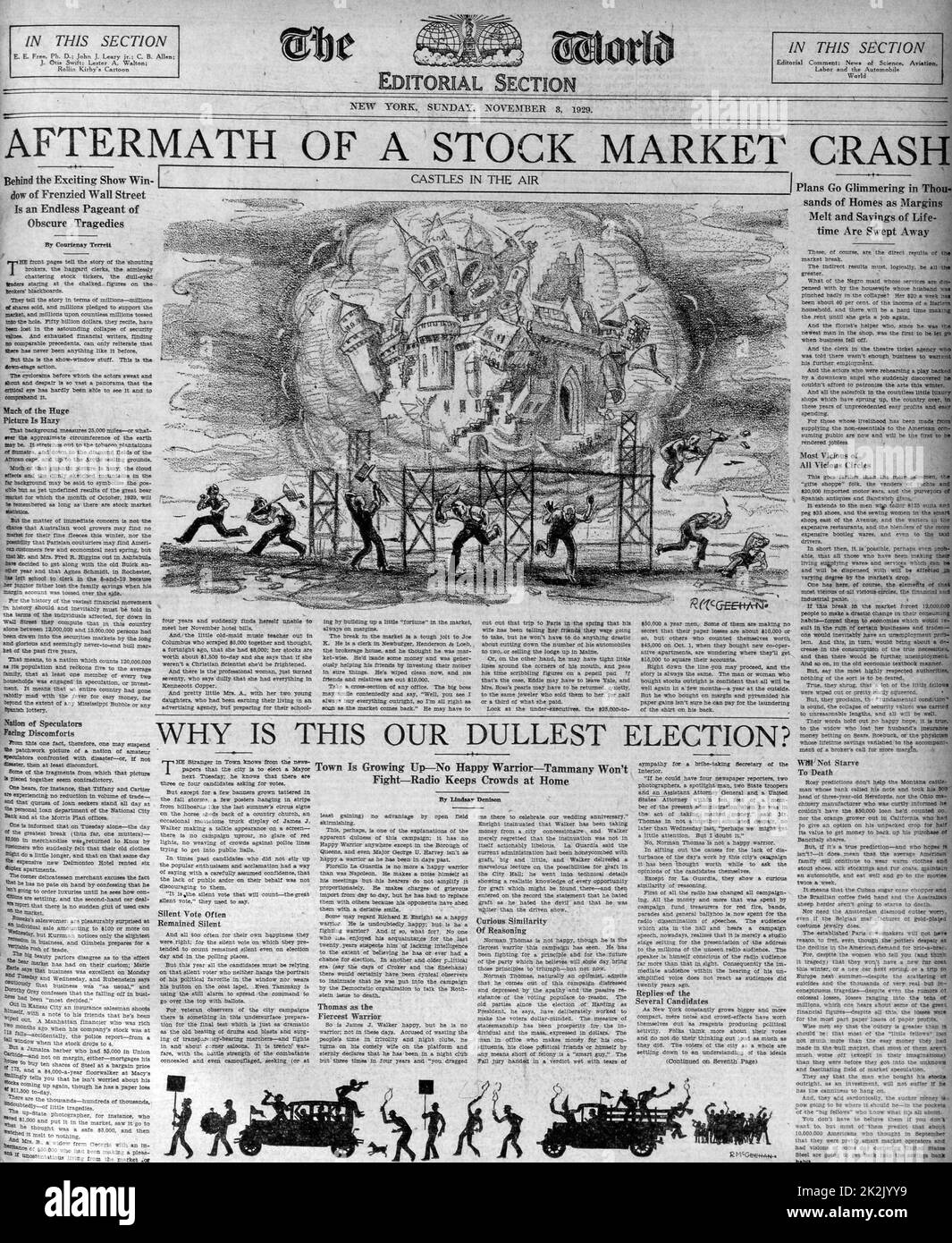 The (Wall Street) stock market crash 1929 depicted in a newspaper of the period. Stock Photo