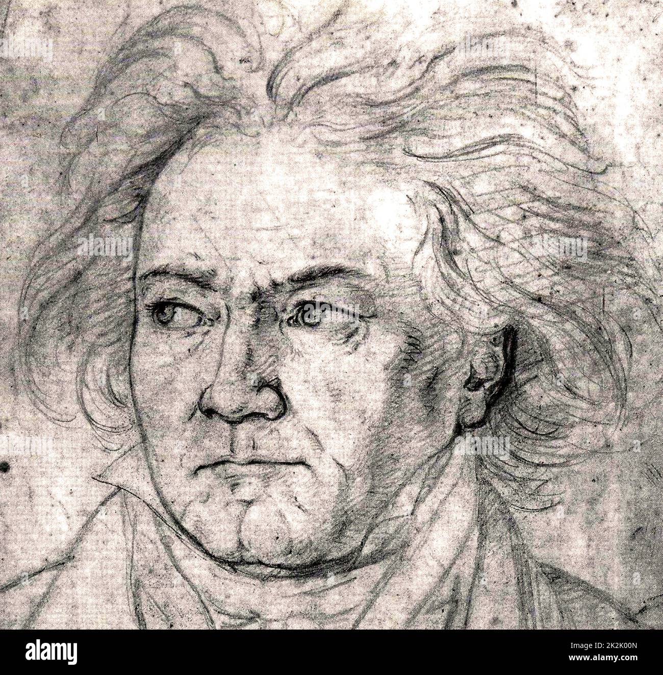 Ludwig van Beethoven (16 December 1770- 26 March 1827) was a German composer and pianist. He was a crucial figure in the transitional period between the Classical and Romantic eras in Western classical music, and remains one of the most acclaimed and influential composers of all time.   Portrait of Beethoven in 1818 by August Klöber Stock Photo