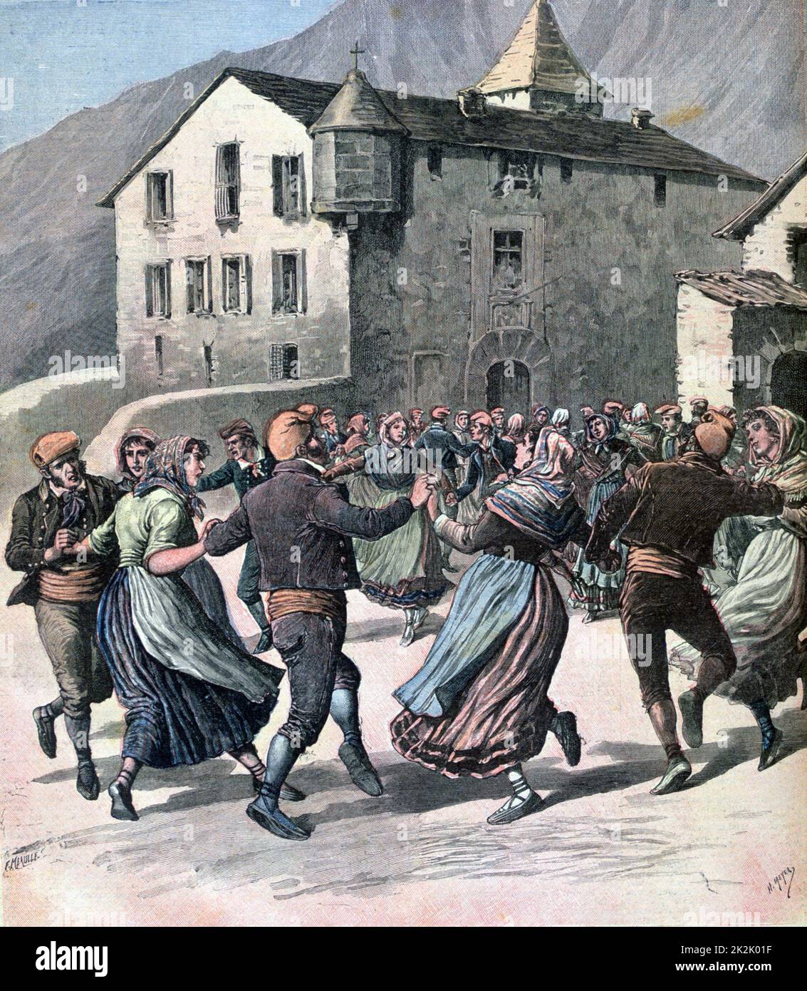 People of Andorra, a Principality in the Pyrenees, dancing the Farandole, a chain community circular dance of medieval origins. From 'Le Petit Journal', Paris, 11 April 1901. Stock Photo