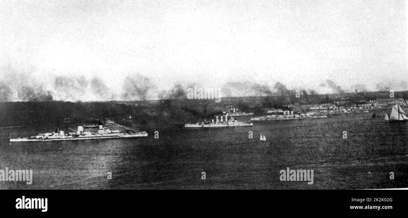 Imperial German fleet under steam in the Bay of Kiel. The Imperial naval dockyards and the base of the fleet were at Kiel.  Early 20th century. Stock Photo