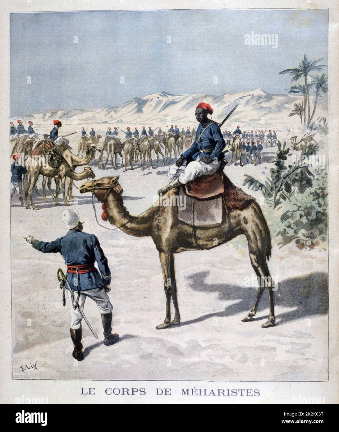 French colonial forces:  Camel corps formed in North Africa. From 'Le Petit Journal', Paris, 2 November 1894. Stock Photo