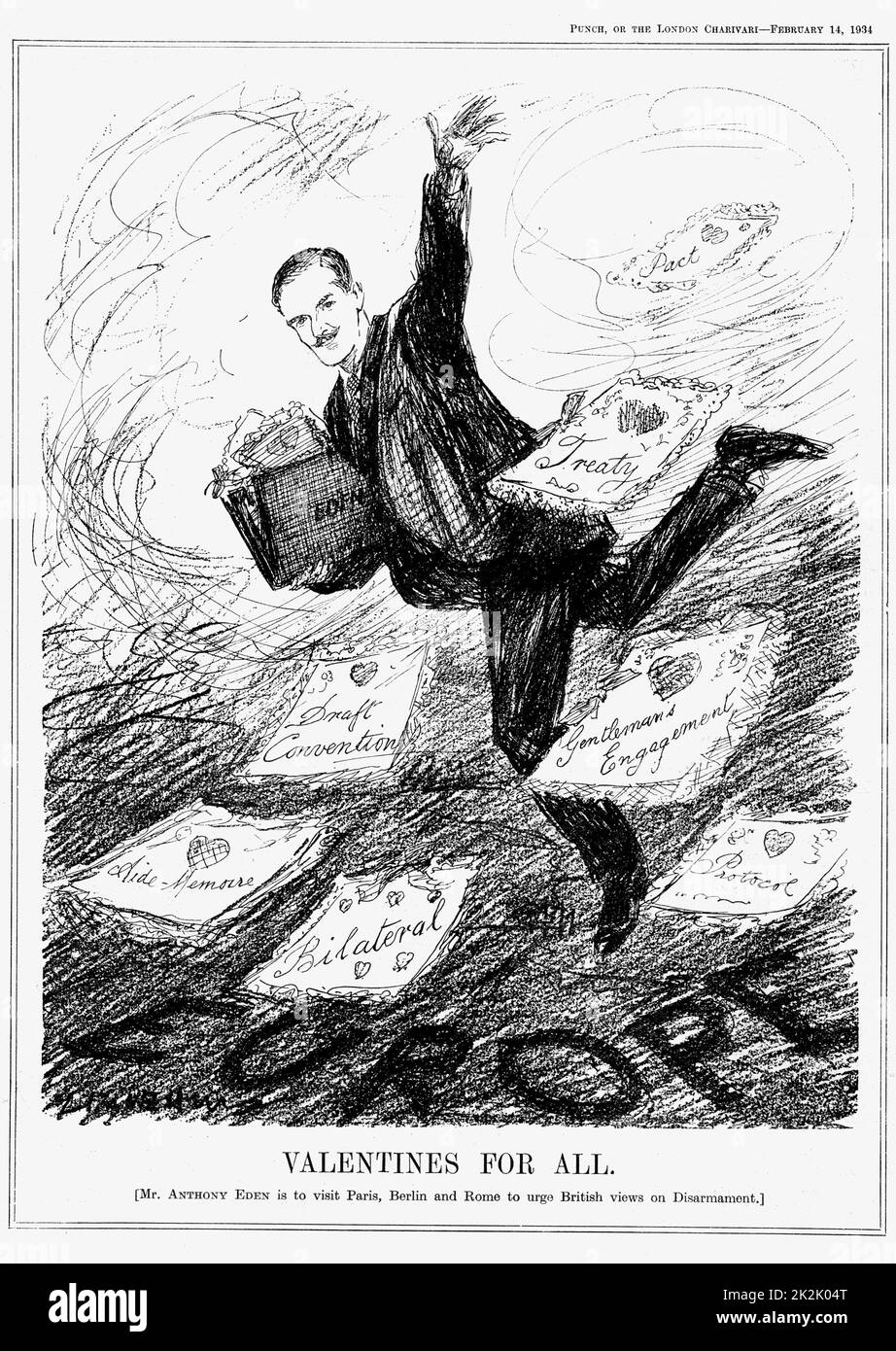 Disarmament: Anthony Eden, lst Earl of Avon (1897-1977) British Conservative statesman. Prime Minister 1955-1957. Cartoon from 'Punch', 14 February 1934,  showing Eden when Under-Secretary for Foreign Affairs visiting Paris, Berlin and Rome to discuss disarmament. Stock Photo