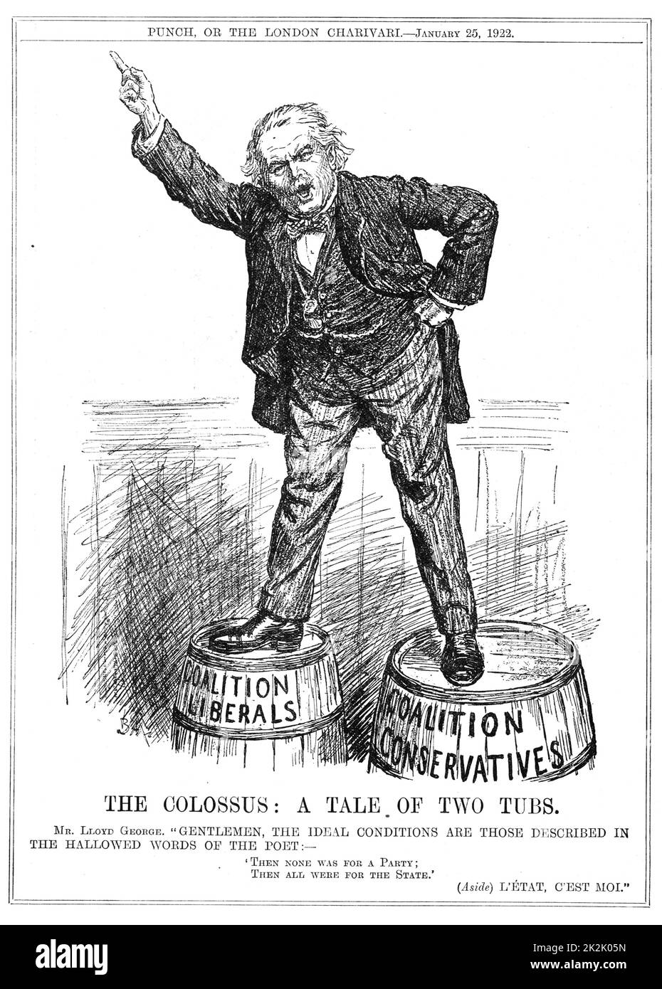 The Colossus: A Tale of Two Tubs' Split in the British Liberal Party: Lloyd George, standing astride two barrels,  trying to persuade both factions to unite under him.  Cartoon from 'Punch' London, 15 January 1922. Stock Photo