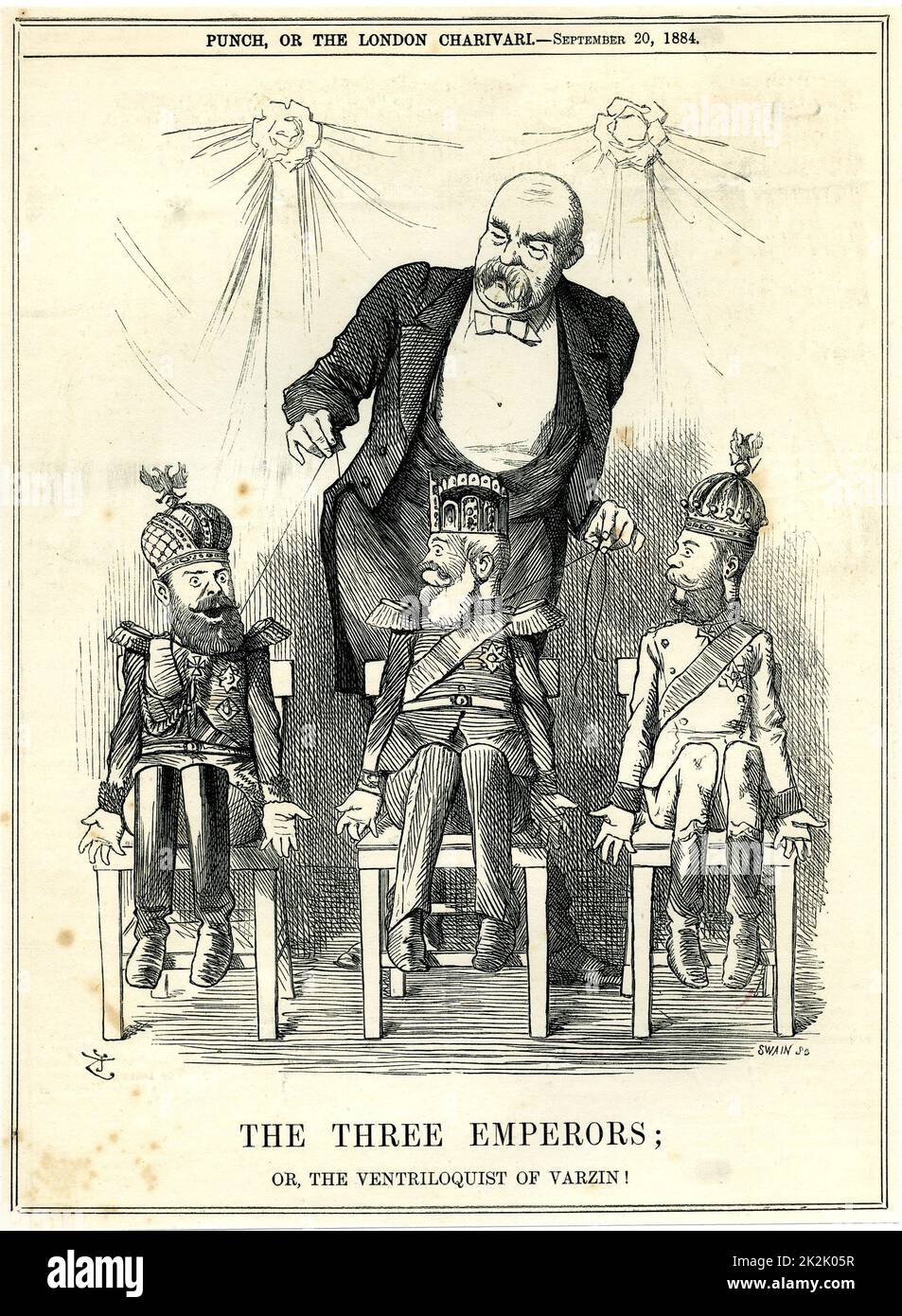 The Three Emperors'. Otto von Bismarck as puppet-master pulling the strings of the emperors of Russia, Germany and Austria.  Varzin or Varzim was Bismarck's country estate. Cartoon by John Tenniel from 'Punch', London, 20 September 1884. Stock Photo