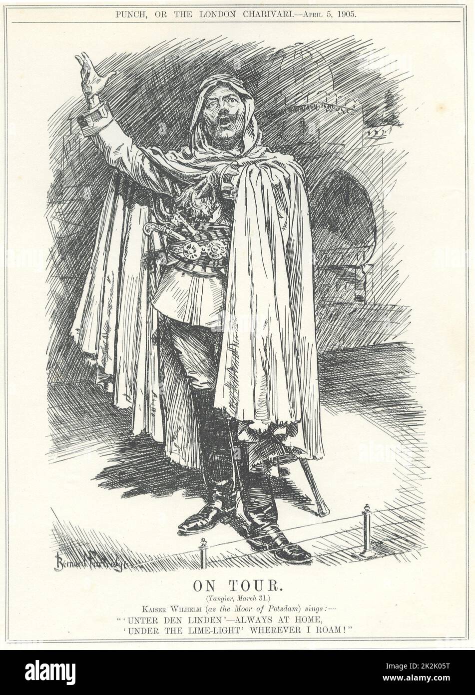 First Moroccan Crisis 1905-1906. Wilhelm II, Emperor of Germany, in Tangier, 31 March 1905, greeted the Sultan of Morocco as an independent sovereign and offered him protection from any French attempt at colonisation. Cartoon by Bernard Partridge from 'Punch', London, 5 April 1905. Stock Photo