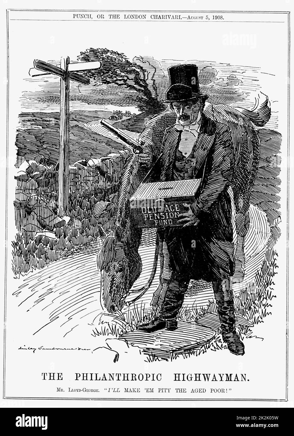 David Lloyd George (1863-1945) Welsh-born British Liberal statesman. In 1908 as Chancellor of the Exchequer Lloyd George introduced the Old Age Pensions Act. Cartoon by Edward Linley Sambourne from 'Punch', London,  August 1908. Stock Photo