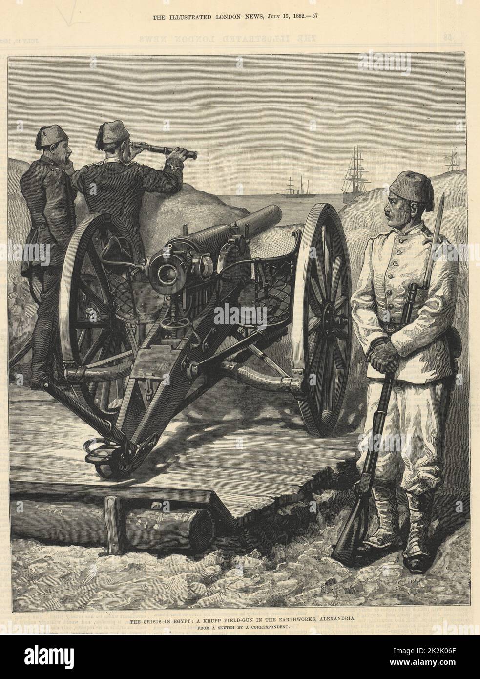 War in Egypt, 1882. During unrest in 1881 and 1882 the Egyptian Army had built forts to protect Alexandria. Anxious for the safety of the Suez Canal, after a number of warnings, the British Fleet bombarded Alexandria on 11 July 1882. A Krupp field gun in position in defence of Alexandria. Stock Photo