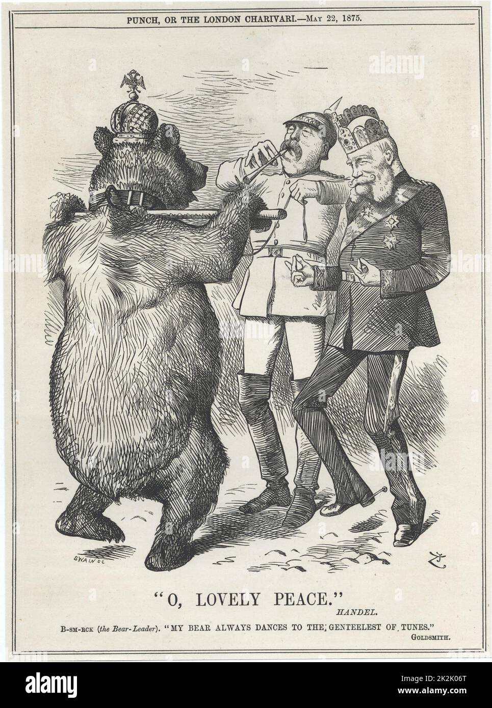 The Russian Bear dancing to Germany's (Wilhelm I and his Chancellor, Bismarck) tune of  'O, Lovely Peace' by Handel played on the tin whistle by Bismarck. Cartoon by John Tenniel from 'Punch', London, 22 May 1875. Russian emperor visited Germany in May 1875. Stock Photo