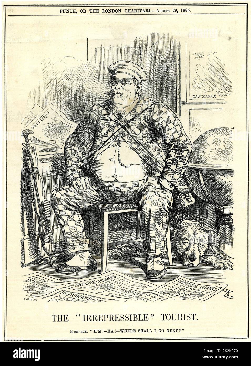 The Irrepressible' Tourist'.  Otto von Bismarck, Chancellor of Germany, as depicted by John Tenniel in 'Punch' London, 29 August 1885, the year in which he turned his attention to acquiring colonial territories for Germany. Stock Photo