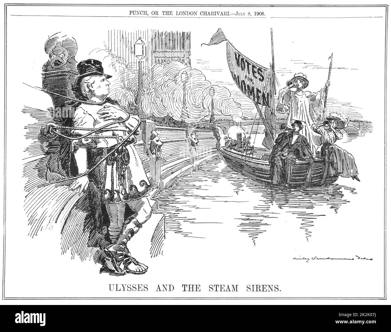 The British Prime Minister, Herbert Asquith, lashing himself to the Embankment at Westminster to protect himself from the sirens in the steamboat calling for Votes for Women.  Cartoon by Edward Linley Sambourne from 'Punch', London, 8 July 1908. Stock Photo