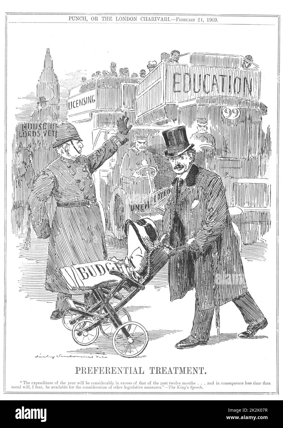 Preferential Treatment':  The Prime Minister Herbert Asquith, in the guise of a policeman, holds up  traffic bearing various demands for funding so that Lloyd George, Chancellor the Exchequer, can wheel his Budget into the House of Commons. Cartoon by Edward Linley Sambourne from 'Punch', ondon, 21 February 1909. Stock Photo