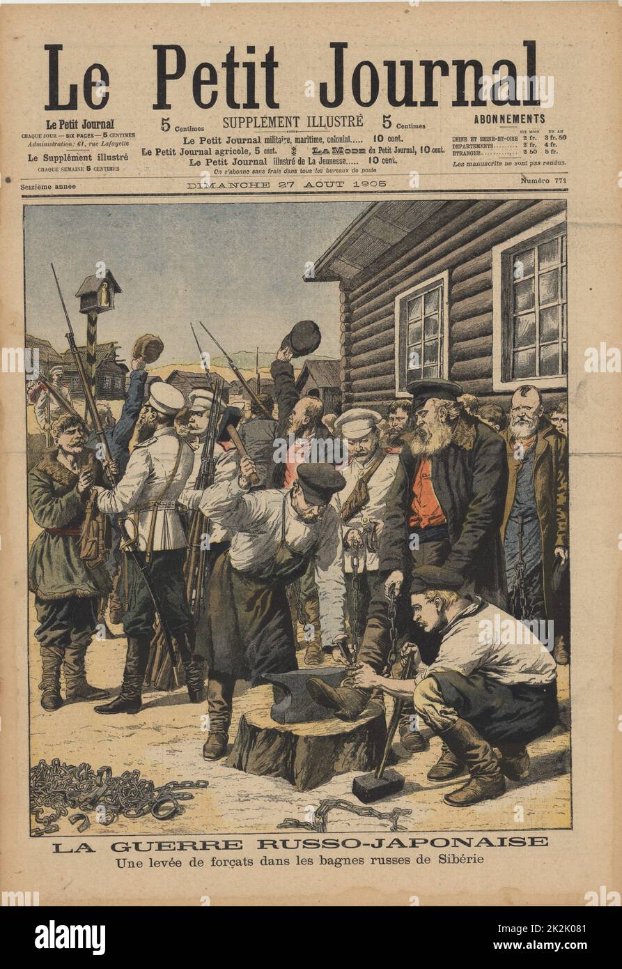 Russo-Japanese War 1904-1905: Russian political prisoners in Siberia being released from their shackles and given their liberty on condition they defend their country against the Japanese.  From 'Le Petit Journal', Paris, 27 August 1905. Stock Photo