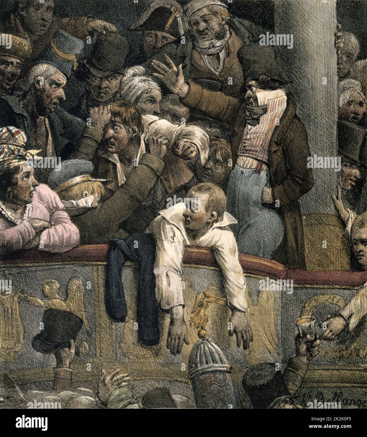 'Box at the Theatre' by Hippolyte Bellange (1800-1866) French painter. Chaotic scene with overcrowded Box with audience fighting . Bottom left a top hat is being handed back. Bottom right a drink is being handed up from the promenade level. Stock Photo
