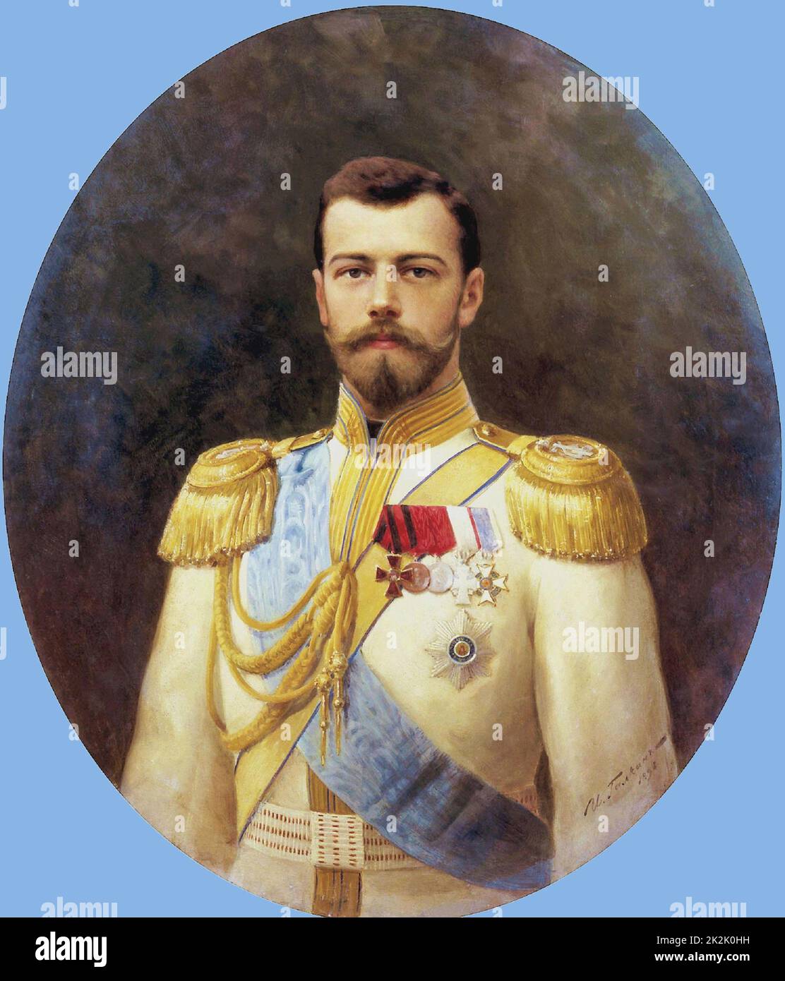 Nicholas II 1868 – 17 July 1918), last Tsar of Russia, ruled from 1894 until his abdication on 15 March 1917. Executed in July 1918. Portrait by Ilya Galkin 1898 Stock Photo