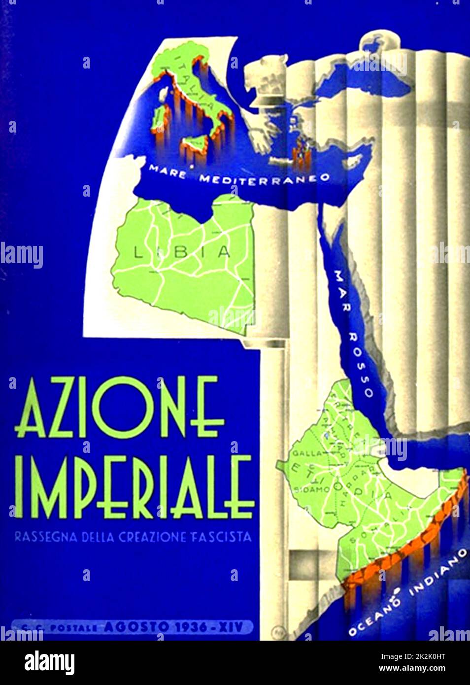 Italian Fascist Party Magazine. 'Azione Imperiale'.  1936. Magazine advancing culture directed by the Futurist writer F. T. Marinetti. The cover shows Italy's Empire in Libya, Somalia and Ethiopia. Stock Photo