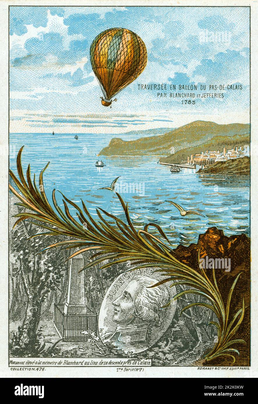 First balloon crossing of English Channel, 7 January 1785 by Jean-Pierre Blanchard, French inventor, and American Dr John Jeffries from Dover to Guines, 2 hours 30 mins. Chromolithograph c1883. Aeronautics Aviation Ballooning Stock Photo