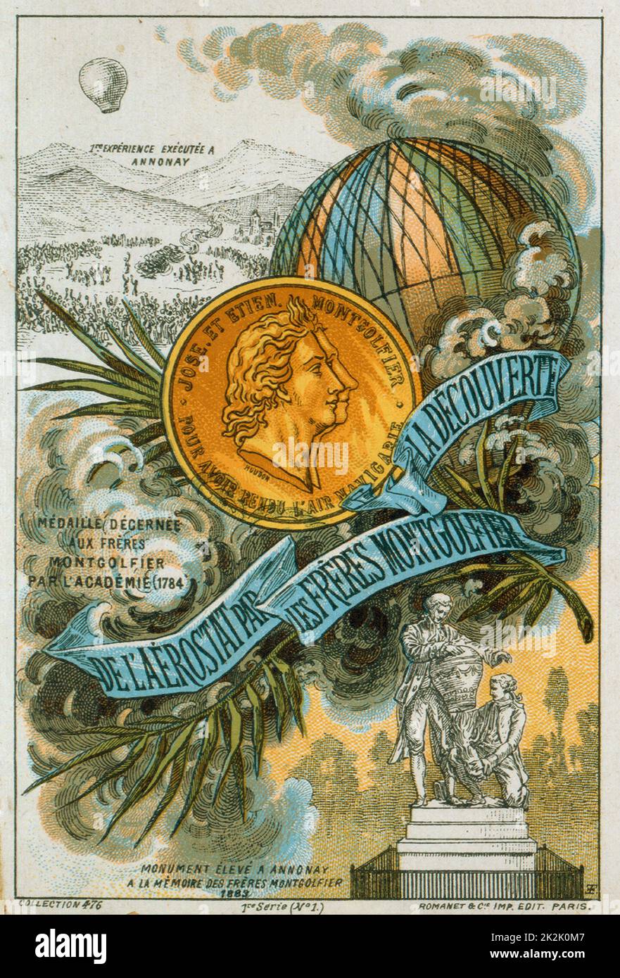 Crowds cheering at the first public demonstration of a hot air balloon at Annonay France, 4 June 1783, by the Montgolfier brothers. Collecting card celebrating centenary of their invention. Flying Aeronautics Aviation Ballooning Stock Photo