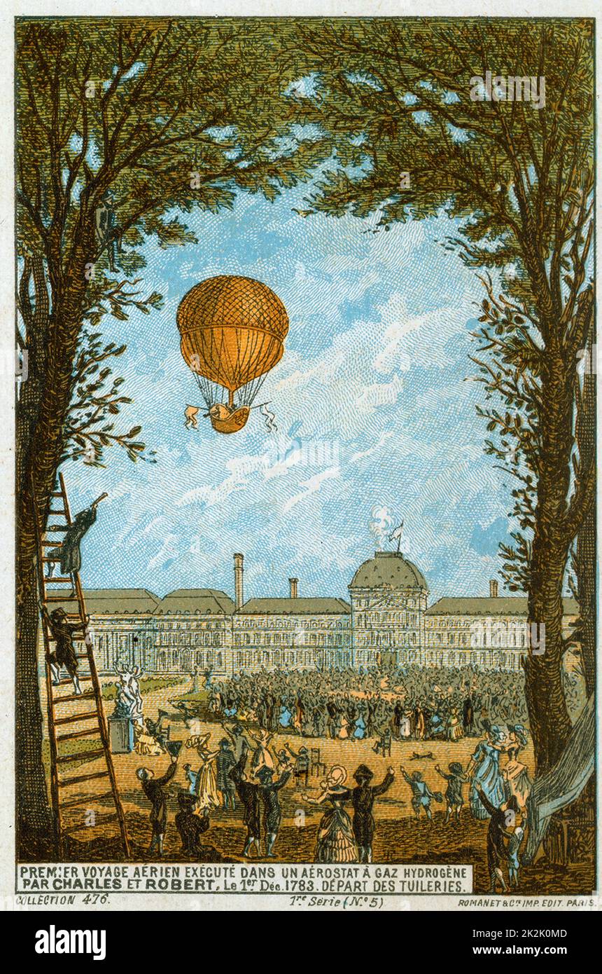 First manned flight in a hydrogen-filled balloon made by Jacques Charles and Nicolas-Louis Robert from the Tuileries, Paris, France, 1 December 1783. Travelled 36km in 2 hours 5 minutes. Aeronautics Aviation Ballooning Flying Stock Photo