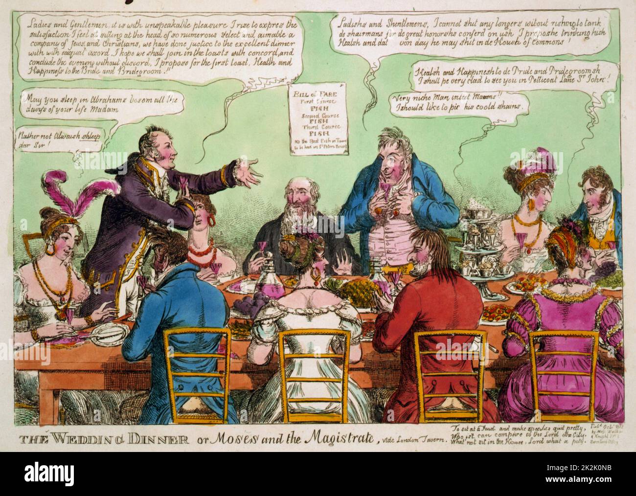 The Wedding Dinner: Lord Mayor of London at wedding breakfast at London Tavern of Moses Abrahams and Elizabeth, daughter of rich Jewish fishmonger Michael Myers, centre. Print 1812. Satire Celebration Toast Stereotyping Stock Photo