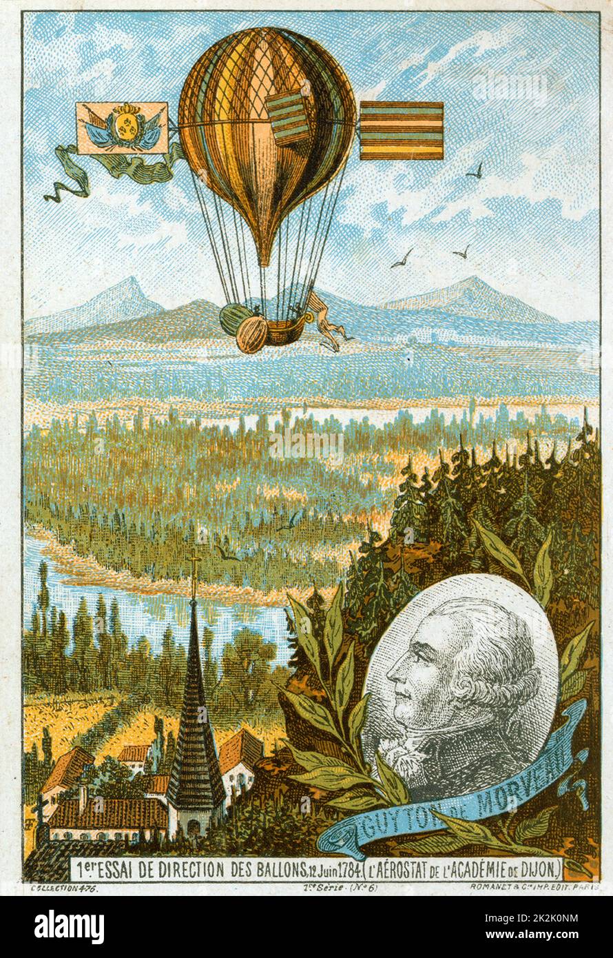Guiton de Morveau (1737-1816) French chemist, making the first flight in a dirigible (steerable) balloon, 12 June 1784. Chromolithograph c1883. Aeronautics Aviation Ballooning Flying Stock Photo