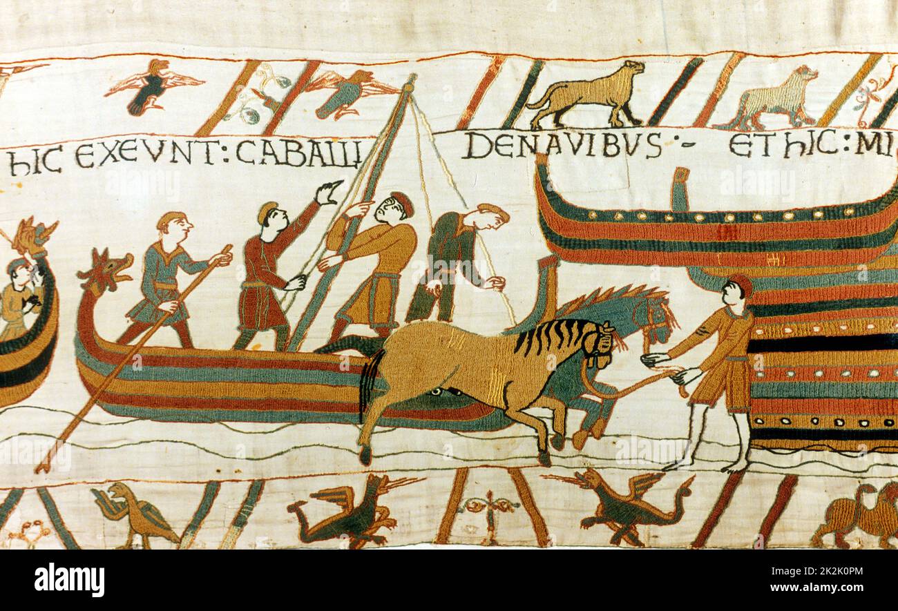 Bayeux Tapestry 1067 Horses being unloaded from Norman boats at