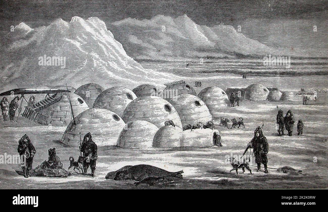 Illustration of an Inuit village, Oopungnewing, near Frobisher Bay on Baffin Island. mid 19th century. Stock Photo