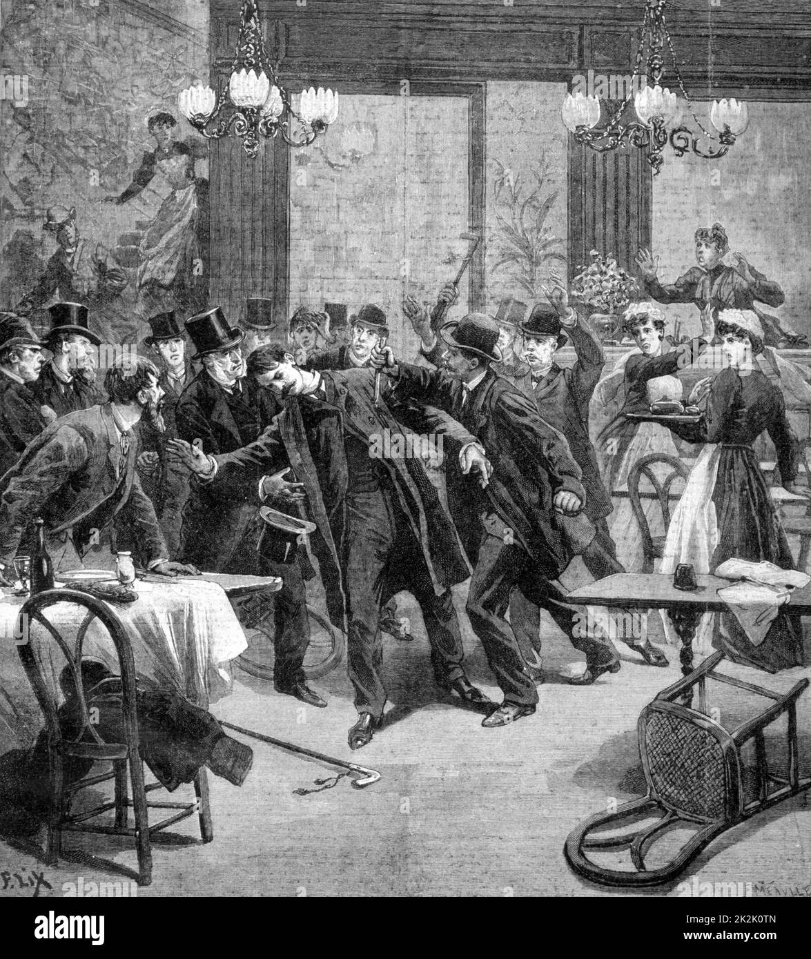 Knife attack on Georgevich, Serbian plenipotentiary in France in the Restaurant Duval, rue de l'Opera, Paris. From 'Le Petit Journal', Paris, 2 December 1893.  South-eastern Europe, Balkans Stock Photo