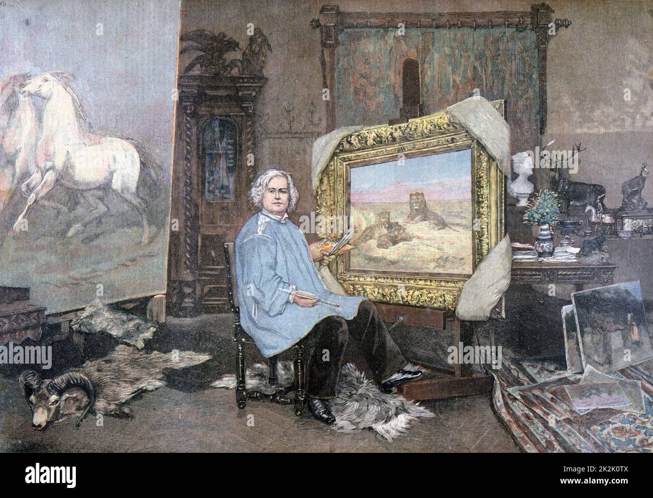 Rosa Bonheur, French female artist noted for her paintings and sculptures of animals. Bonheur  at work in here studio. After painting by Consuelo Fould. From 'Le Petit Journal', Paris, 1893. Animaliere, Realist Stock Photo