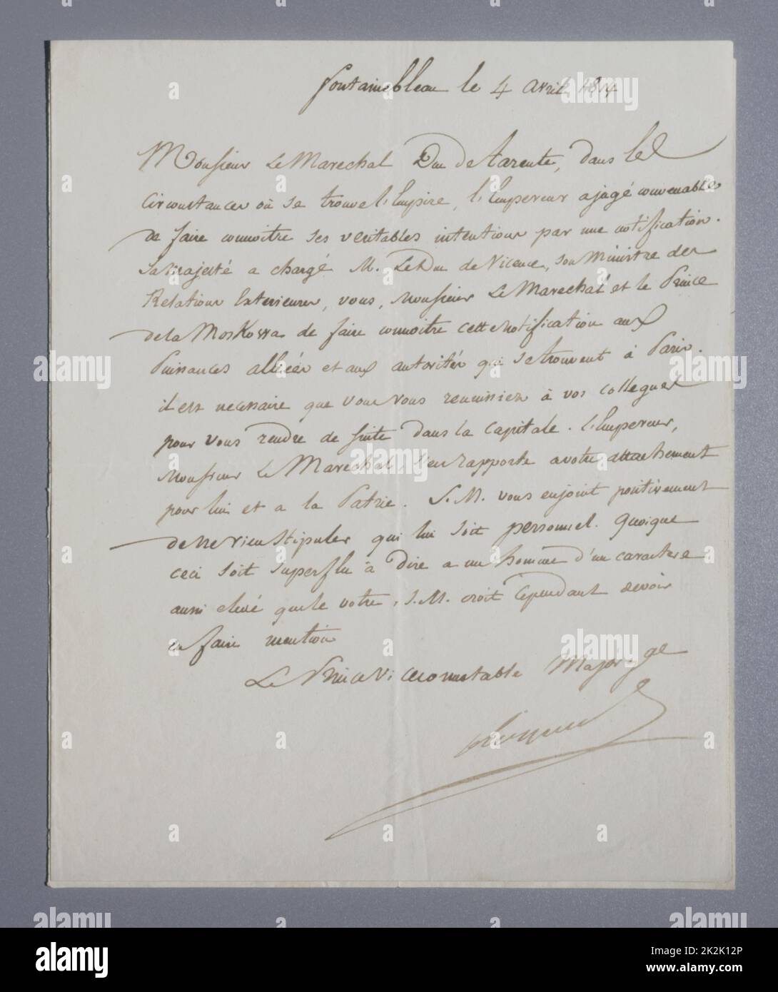 Marshal Alexandre Berthier's letter to Marshal Duke of Tarente concerning Napoleon's abdication April 4, 1814 Stock Photo
