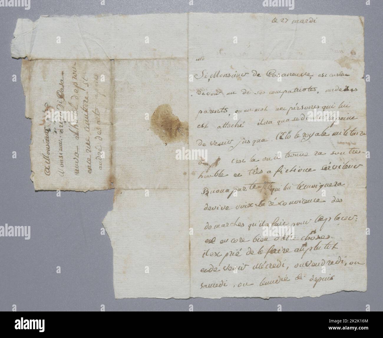 Autograph letter written by Napoleon Bonaparte at the age of 14, at the Paris military school. He writes to his cousin, Arigghi di Casanova, giving him his timetable so that his cousin can pay him a visit, because he is not allowed to go out. December 1784 2 pages Signed 'Napoleone di Buonaparte' Stock Photo