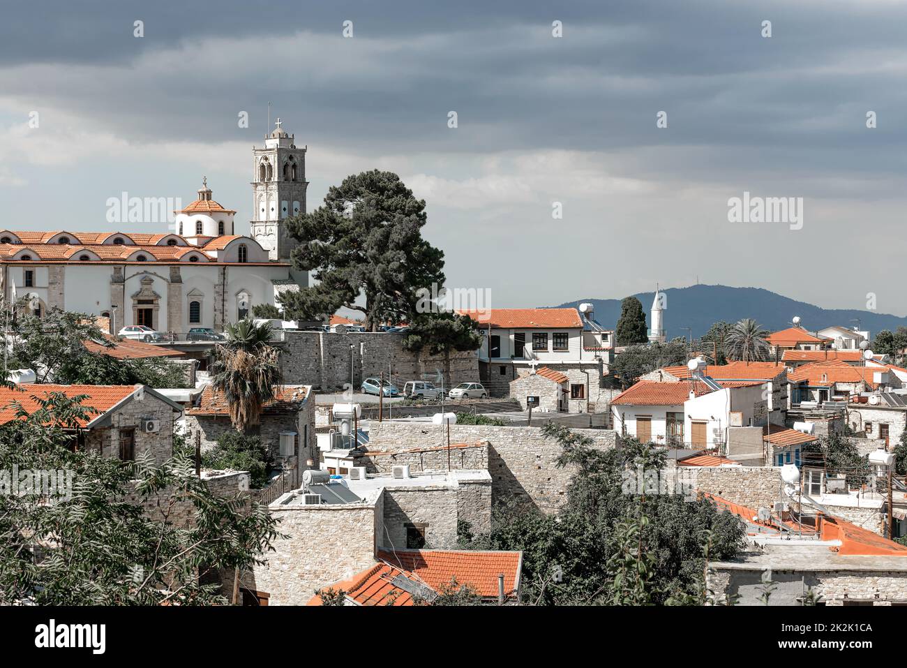 View of Lefkara Village and Troodos Mountains at the background Stock Photo