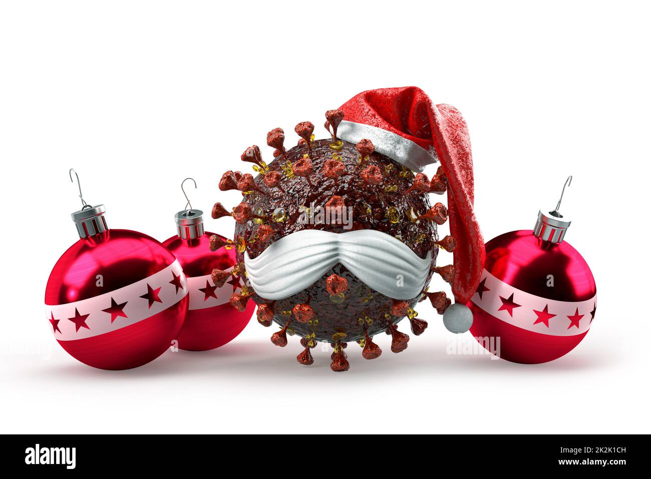 SARSr-CoV virion as Santa Claus mascot with decorative Christmas balls. Pandemic Christmas concept. 3D Rendering Stock Photo