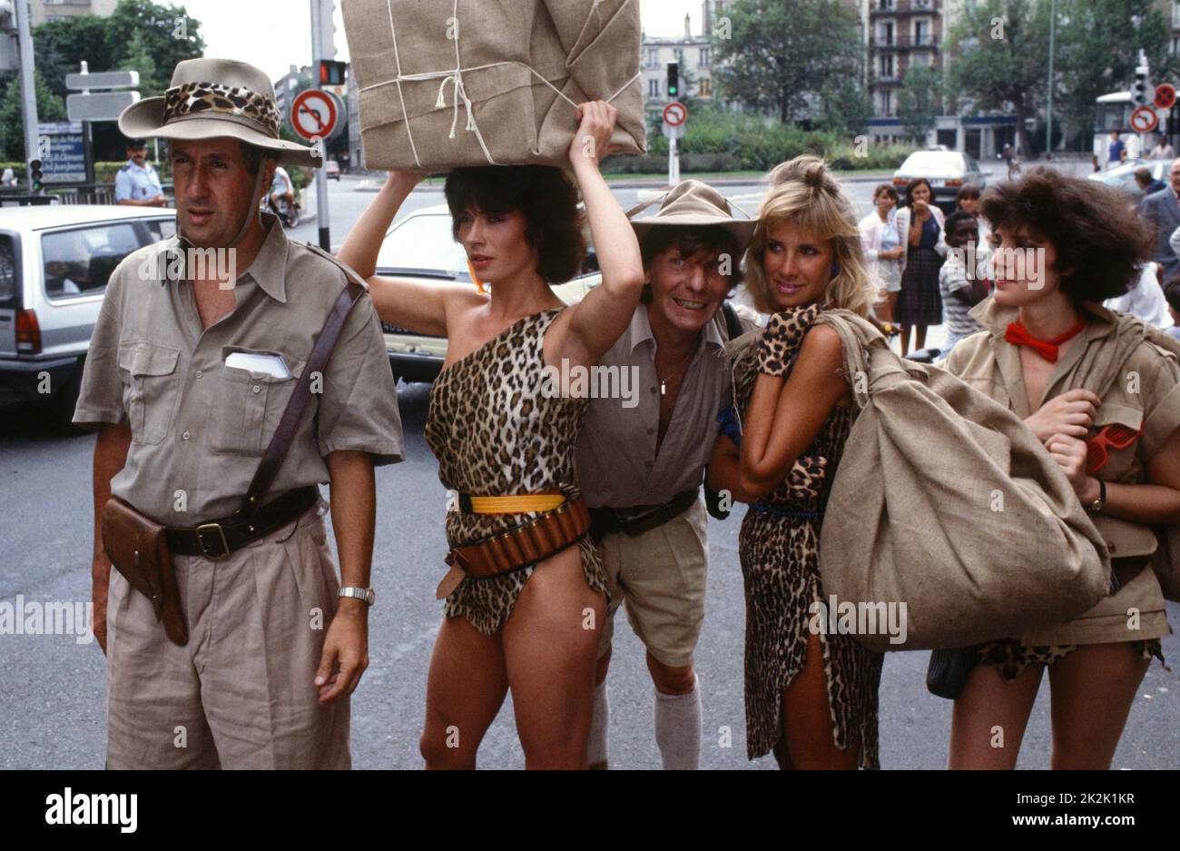 Stéphane Collaro, ?, Alain Scoff, Natasha Guinaudeau and Terry Shane in a sketch for the comedy TV show 'Cocoricocoboy' in 1986. Stock Photo