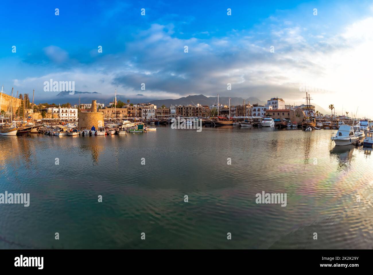 Scenic view of historic harbor and the old town in Kyrenia (Girne). Cyprus Stock Photo