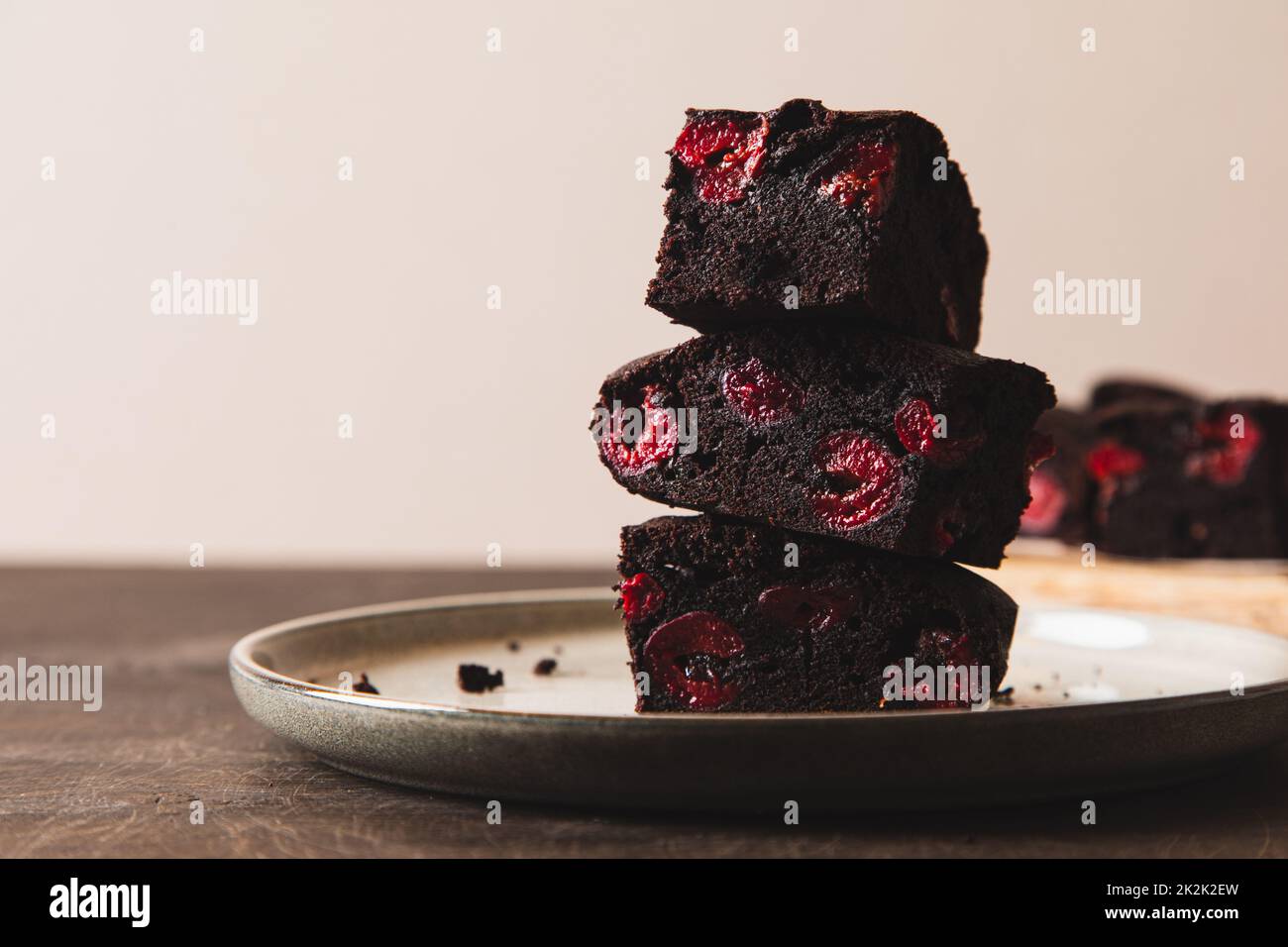 brownie with cherry. A stack of chocolate brownies, homemade bakery and