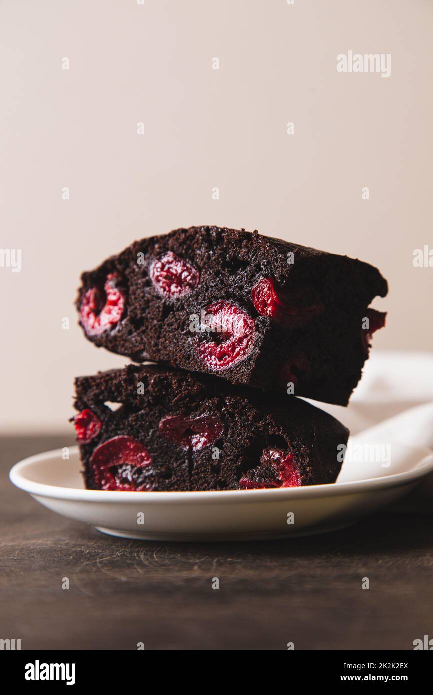 brownie with cherry. A stack of chocolate brownies, homemade bakery and