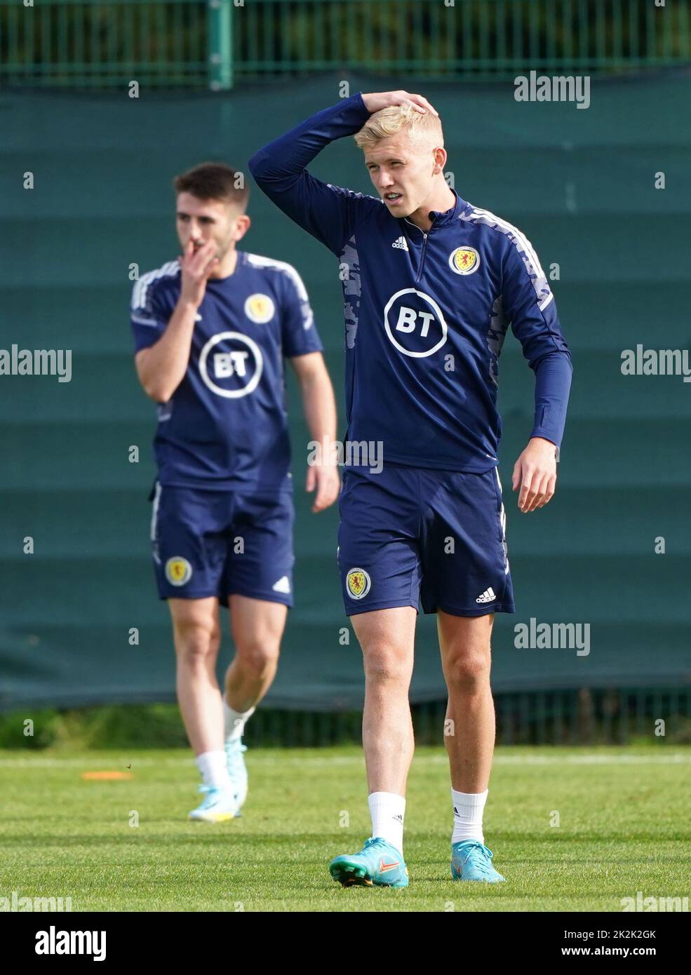 Scotland's Greg Taylor and Josh Doig during a training session at Oriam, Edinburgh. Picture date: Friday September 23, 2022. Stock Photo