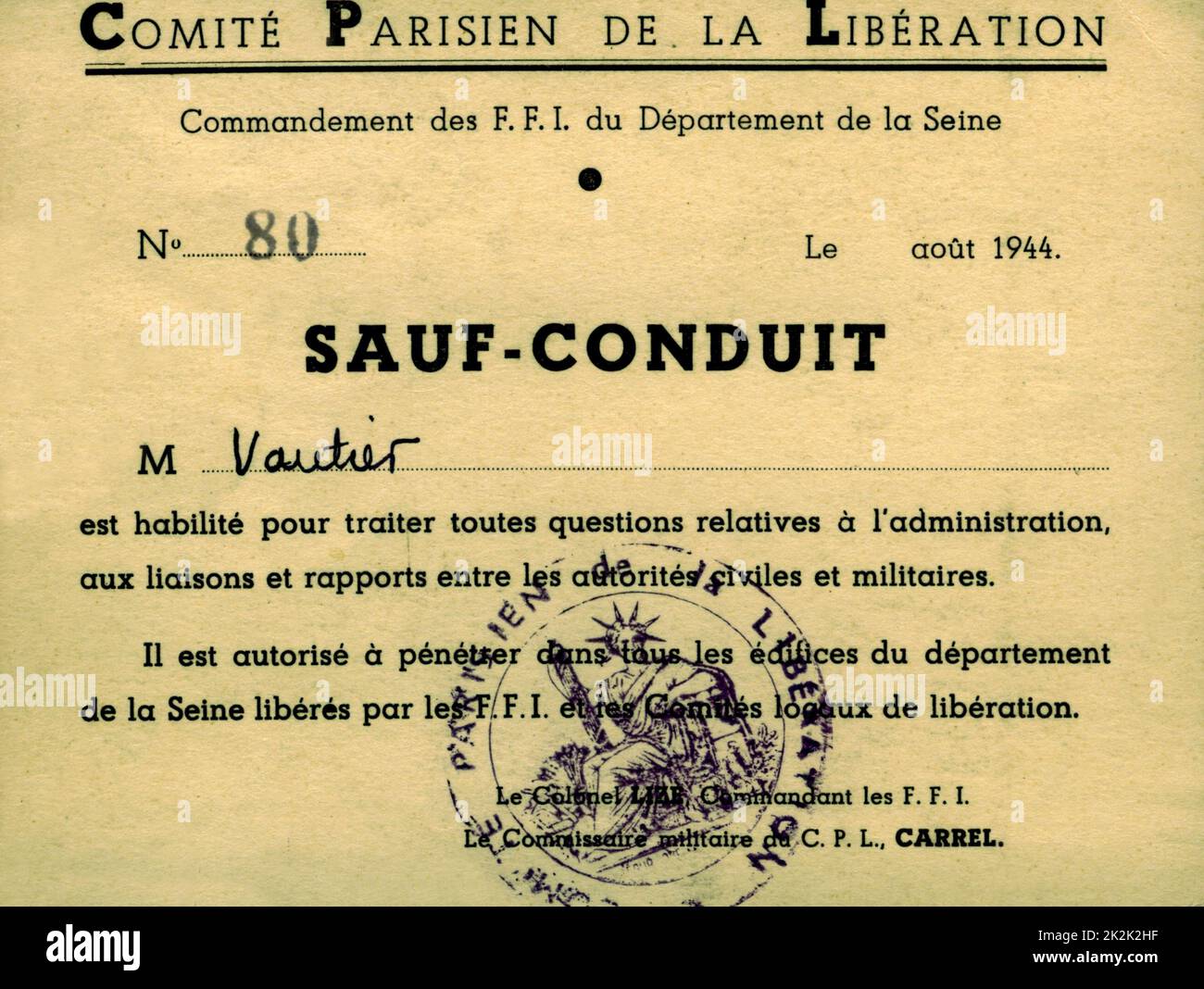 Safeconduct of the Paris Liberation Committee August 1944 France World War II Charles