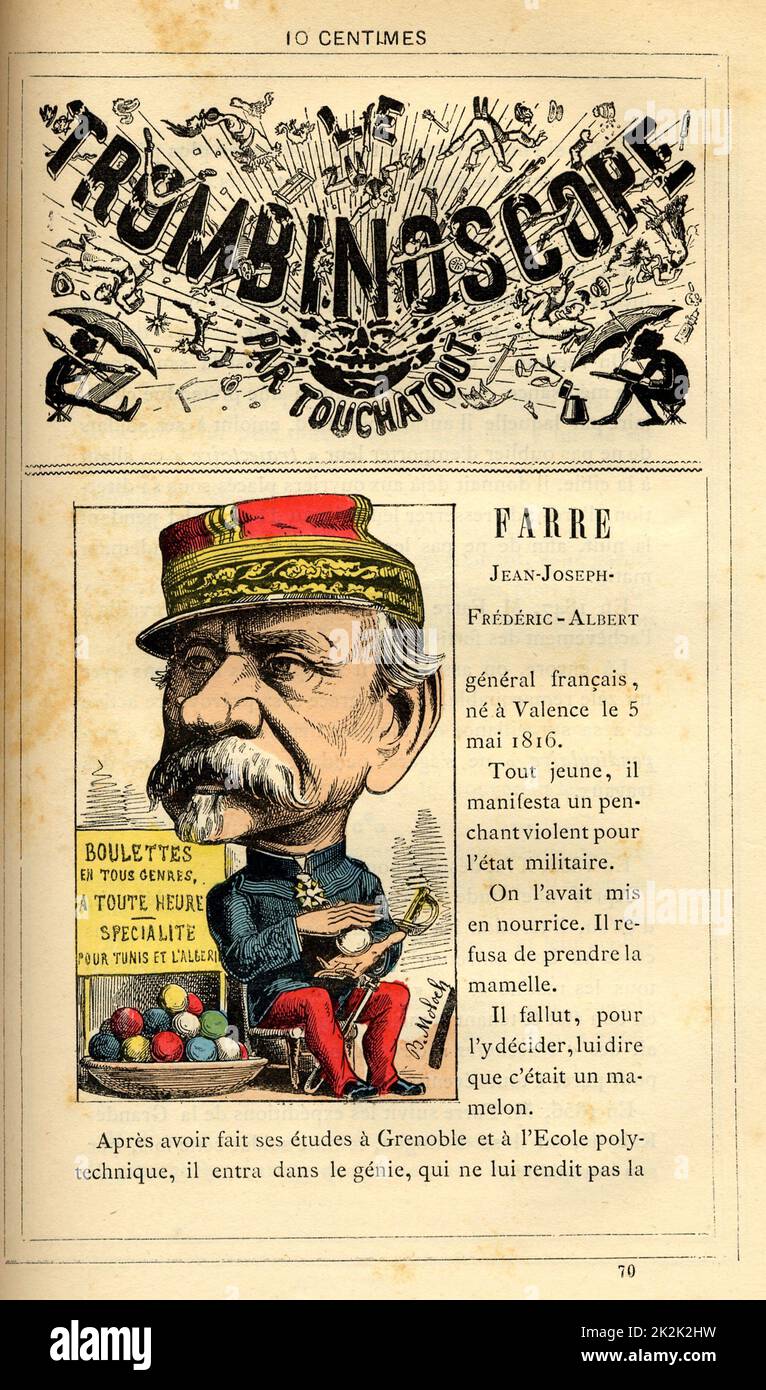 Caricature of General Farre (1816-1887), in : 'Le Trombinoscope' by Touchatout, drawing by Moloch.  19th century  France Private Collection Stock Photo