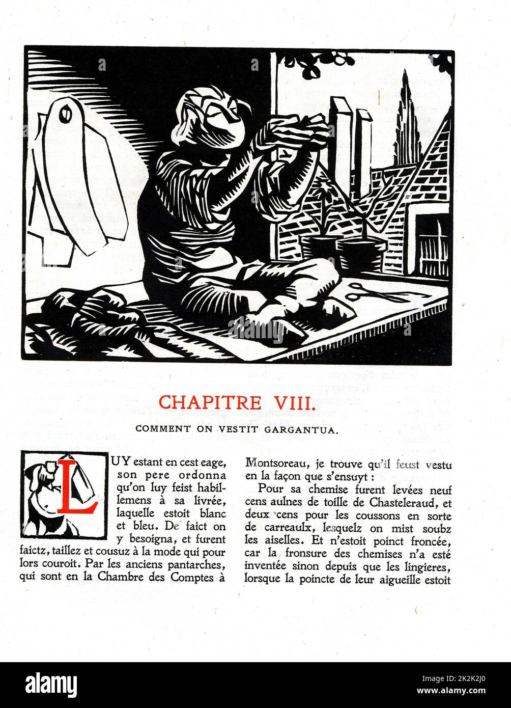 Rabelais : chapiter 8 of 'La vie très horrificque du Grand Gargantua' Woodcut by Hermann Paul Published in 1921 France Private Collection Stock Photo